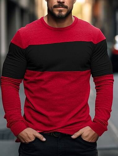  Voor heren T-shirt Shirt met lange mouwen Lange mouw Strakke ronde hals Lente & Herfst Kleurenblok Modieus Ontwerper Basic Lapwerk Vakantie Straat Uitgaan Zwart Rood Lichtgrijs Top T-shirt voor mannen