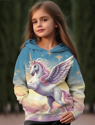  Mädchen 3D Karikatur Einhorn Kapuzenshirt Pullover Langarm 3D-Druck Herbst Winter Aktiv Modisch Kuschelig kinderkleidung 3-12 Jahre Outdoor Casual Täglich Regular Fit