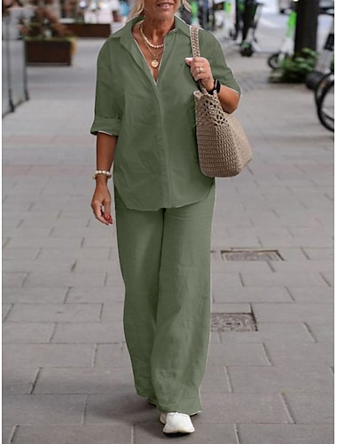  Damen Einfach Lässig Komfort Hemd Baumwoll-Leinen-Sets Zweiteilige Sets Langarm Lange Hose Revers Einfarbig Knöpfe Heim Straße Täglich Schwarz Rosa Blau Sommer