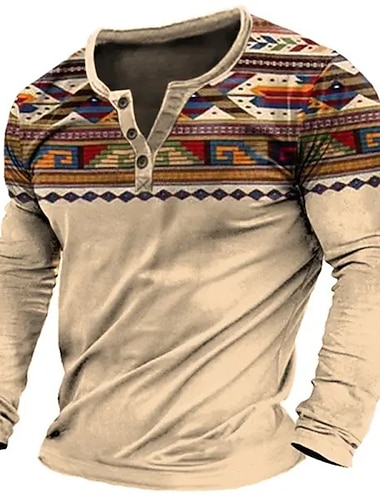  Herren Grafik Stammes Henley Hemd Langarm 3D-Druck Mode Designer Bequem Täglich Outdoor Frühling & Herbst Blau Braun Grün Grau Henley Henley T-Shirt