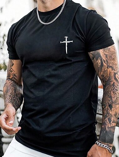  Maglietta Nera da Uomo Maniche Corte con Grafica Croce di Chiodo - Maglietta Christian Faith Crew Neck