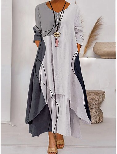  Per donna Abito lungo maxi Vestito Casual Vestito a ruota Abito Stampato Moda Moderno Quotidiano Vacanza Weekend Vestibilità comoda Pavone Piuma Manica 3/4 Girocollo Argento Nero Bianco Giallo