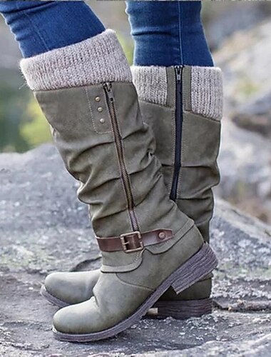  Damen Stiefel Springerstiefel Pulloverstiefel Reitstiefel Täglich Gehen Feste Farbe Kniehohe Stiefel Schnalle Blockabsatz Runde Zehe Vintage Brautkleider schlicht Komfort Wanderschuhe PU