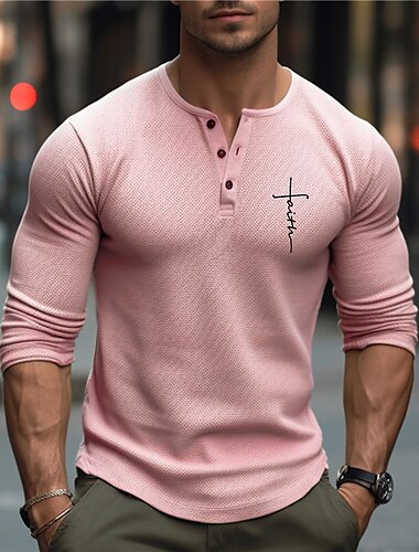  Herren Graphic Vertrauen Waffel-Henley-Hemd Legerer Stil Klassicher Stil Langarm 3D-Druck Modisch Designer Basic Outdoor Täglich Frühling & Herbst Rosa Blau Khaki Grau Henley Henley T-Shirt