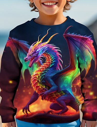  Jungen 3D Graphic Tier Drache Pullover Langarm 3D-Druck Herbst Winter Modisch Strassenmode Cool kinderkleidung 3-12 Jahre Outdoor Casual Täglich Regular Fit