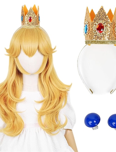  Peluca de princesa dorada con pendientes y corona, peluca rubia larga ondulada color melocotón para niños, pelucas de carnaval para cosplay
