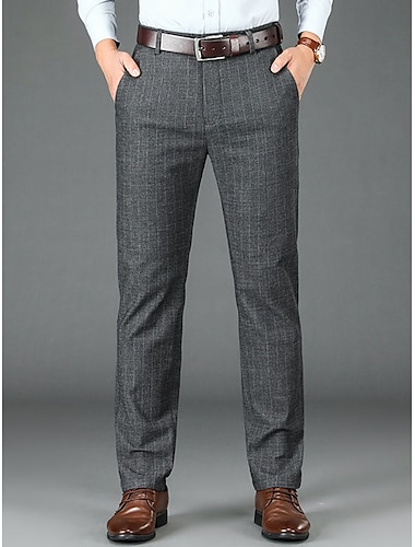  男性用 スーツ ズボン スーツパンツ ポケット まっすぐな足 縞 オフィス ビジネス カジュアル ファッション ベーシック ブラック グレー