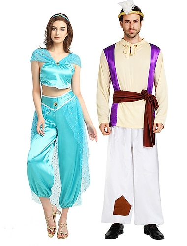  couples aladdin princesse jasmine halloween groupe couples costumes hommes femmes film cosplay cosplay bleu violet haut pantalon ceinture halloween carnaval mascarade