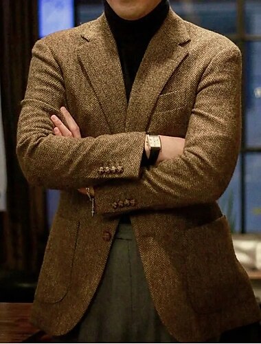  Мужской осенне-зимний твидовый пиджак, толстая теплая куртка обычного размера, однобортный, однобортный, с двумя пуговицами, коричневый, 2024