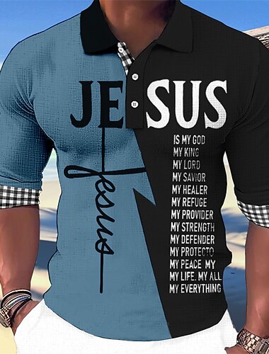  בגדי ריקוד גברים יֵשׁוּעַ נוצרי חולצות פולו הוואי חולצת גולף שרוול ארוך חולצות פולו חולצות עם צווארון יום יומי ביגוד חוף בגדי נופש תלבושות למסיבה הדפסת תלת מימד כפתורים לבן ירוק בהיר פול