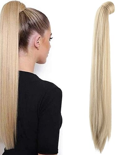  28-Zoll-Clip-in-Pferdeschwanzverlängerung zum Umwickeln, langes, gerades Pferdeschwanzhaar, synthetisches Haarteil für Frauen, Farbe Blond mit blassgoldenen Highlights