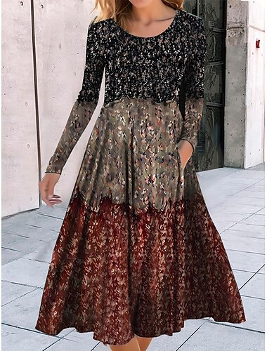  Damen Midi Kleid A-Linie Kleid Lässiges Kleid Winterkleid Swing Kleid Mode Streetwear Reif Formell Outdoor Urlaub Reguläre Passform Geometrisch Farbblock Tribal Lange Ärmel Rundhalsausschnitt Schwarz