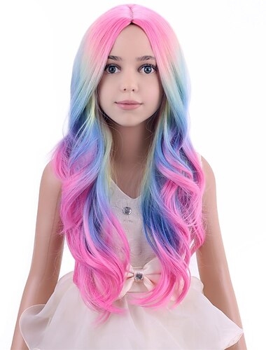  Kind Kinder Regenbogen Perücken Lange Lockige Wellenförmige Bunte Perücke Mehrfarbige Perücke für Mädchen Synthetische Cosplay Party Halloween Perücken