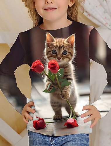  女の子 3D グラフィック カートゥン 猫 Tシャツ Ｔシャツ 長袖 3Dプリント 夏 秋 活発的 ファッション かわいいスタイル 子供 3〜12年 アウトドア カジュアル 日常 レギュラー