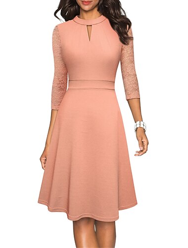  Schwarzes Damenkleid, Arbeitskleid, halbformelles Kleid, A-Linien-Kleid, modisches Midikleid, ausgehöhlt, Rundhalsausschnitt, lange Ärmel, einfarbig, normale Passform, Schwarz, Rosa, Weinrot, Herbst