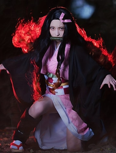  Kamado Nezuko Anime Costume Cosplay Abiti Kimono tradizionale giapponese Abiti Cosplay Cappotto Intimo Ginocchiere Per Per donna Adulti