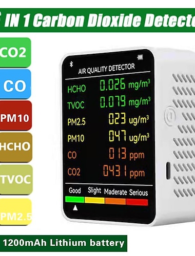  6-i-1 luftkvalitetsmonitor co2 multifunktionell koldioxidnivåkontroll inomhus co2 larmmätare för hemmakontor bil gym vit