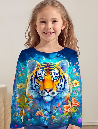  Chica 3D Graphic Animal Tigre Camiseta Manga Larga Impresión 3D Otoño Invierno Activo Moda Estilo lindo Niños 3-12 años Exterior Casual Diario Ajuste regular