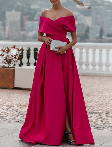  A-Line Evening Dress Wedding Guest Party Dress Celebrity Style Dress Formal Wedding Court Train Sleeveless Off Shoulder Bridesmaid Dress Satin with Ruched Slit 2024