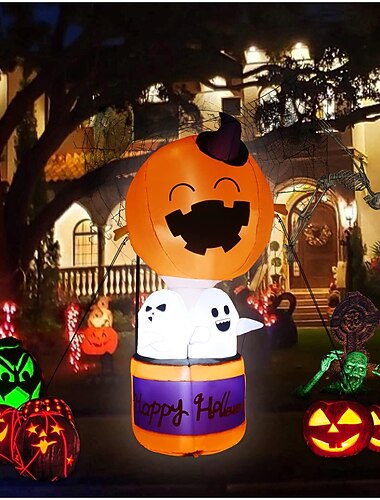  Inflables de Halloween Calabaza Globo Aerostático Fantasma de 6FT con Luces LED Integradas Decoración Espeluznante Brillante Impermeable para Jardín Patio Fiesta Interior Exterior