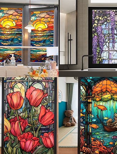  Stained Glass Window Privacy Film, UV Blocking Window Film, Colorful Flower Pattern Door Covering for Bathroom Office Kitchen Window Home Decor