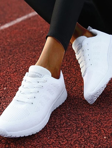  Baskets blanches en maille pour femmes - chaussures confortables, légères et respirantes à lacets pour un usage quotidien