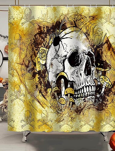  Halloween-Horror-Duschvorhang mit Haken, Halloween-Badezimmer-Dekor, wasserfester Stoff-Duschvorhang-Set mit 12 Kunststoff-Haken, Skelett-Kürbis-Hexe