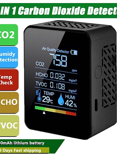  Multifunctional 5in1 CO2 Meter Digital Temperature Humidity Tester Carbon Dioxide TVOC HCHO Detector Air Quality Monitor