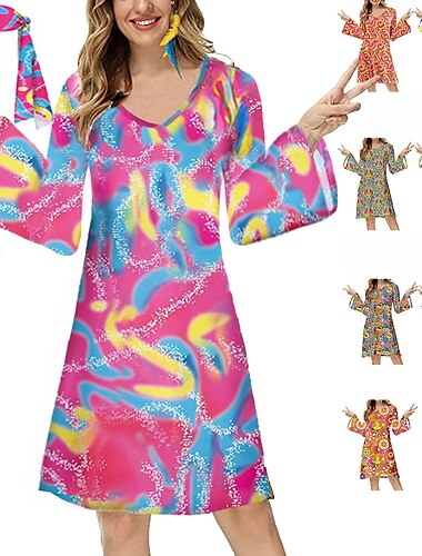  Hippie 1970er Disko Kleid Cosplay Kostüm Stirnband Stirnbänder Trompetenärmel Hippie Disco Damen Mädchen Halloween Karneval Maskerade Party-Abendmode Pride Parade Pride-Monat Erwachsene Kleid