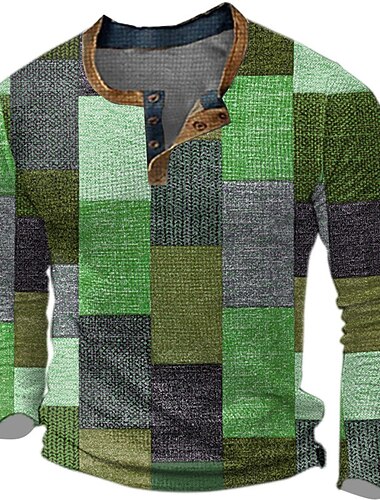  رجالي الرسم منقوش ألوان متناوبة وافل هينلي قميص ستايل عملي الطراز الكلاسيكي كم طويل طباعة ثلاثية الأبعاد موضة مصمم أساسي مناسب للبس اليومي الأماكن المفتوحة ربيع & الصيف أزرق أصفر أخضر رمادي هينلي