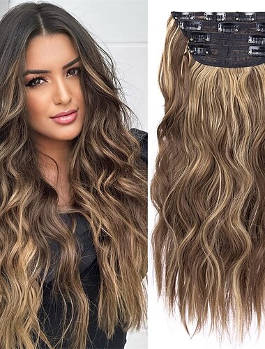  Clip de 4 piezas en extensiones de cabello rubio miel mezclado marrón claro extensiones de cabello sintético ondulado largo de 20 pulgadas