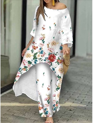  Mujer Camisa Conjuntos de pantalones Floral Mariposa Estampado Casual Festivos Elegante Moda Ropa de calle Manga Larga Escote Redondo Blanco Otoño invierno