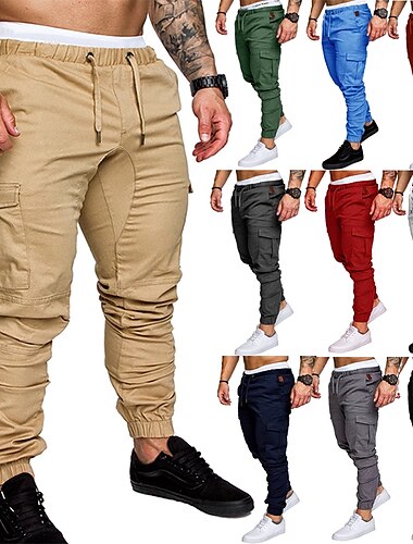  Men's Cargo Pants Cargo Trousers Casual Pants Drawstring Multi Pocket Solid Colored Full Length Daily 100% Cotton Basic Casual Slim Black White Mid Waist Micro-elastic