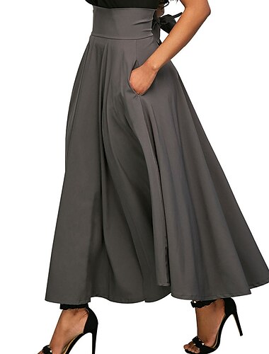  Damenrock A-Linie Swing Maxi Hohe Taille Faltenrock Tasche Schleife einfarbig Street Alltag Herbst&amp;winter elegante vintage mode wein rot schwarz rosa blau