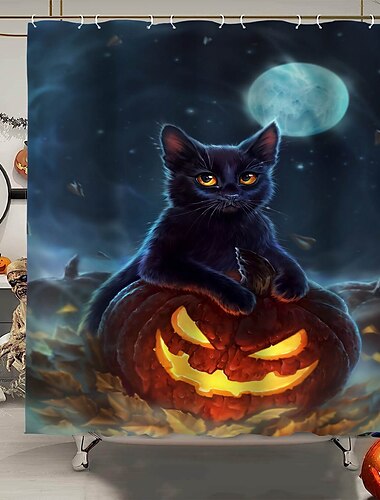  Halloween-Horror-Duschvorhang mit Haken, Halloween-Badezimmer-Dekor, wasserfester Stoff-Duschvorhang-Set mit 12 Kunststoff-Haken, Skelett-Kürbis-Hexe