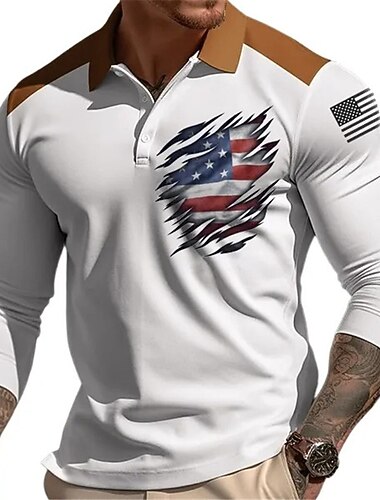  Herr Amerikanska flaggan Veteraner Pikétröjor Golftröja Långärmad Polotröjor Skjortor med krage Ledigt Streetwear Semesterkläder Festkläder 3D-utskrift Knappar Gul Blå Grön