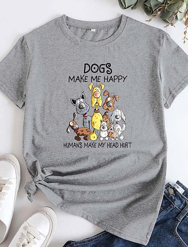  Damen T Shirt Hund Kurzarm Täglich Basic U-Ausschnitt Standard Baumwolle S