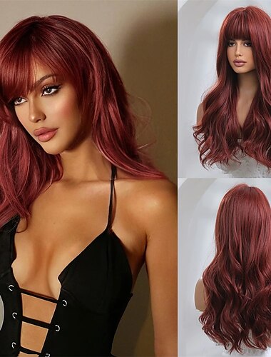  Parrucca honygebia rosso scuro con frangia - parrucche bordeaux per donna, capelli lunghi lisci a strati rosso vino realistici, parrucche sintetiche naturali resistenti al calore per