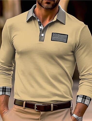  Herren Polos mit Knöpfen Poloshirt Casual Sport Kargen Langarm Modisch Basic Farbblock Nationalflagge Bestickt Taste Frühling & Herbst Regular Fit Schwarz Weiß Armeegrün Khaki Polos mit Knöpfen