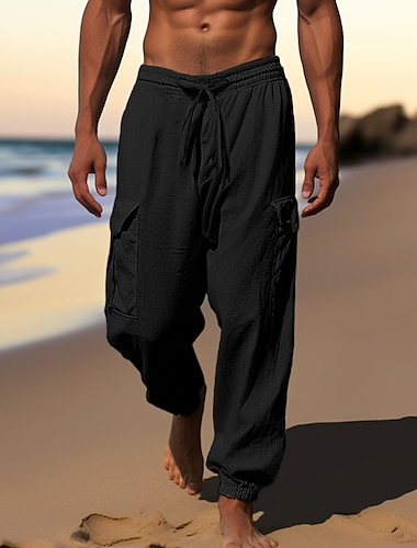  Herren Cargohose Cargohosen Jogginghose Jogger Leinenhose Hose Hosen Sommerhosen Kordelzug Elastische Taille Multi Pocket Glatt Komfort Atmungsaktiv Casual Täglich Festtage Modisch Klassicher Stil