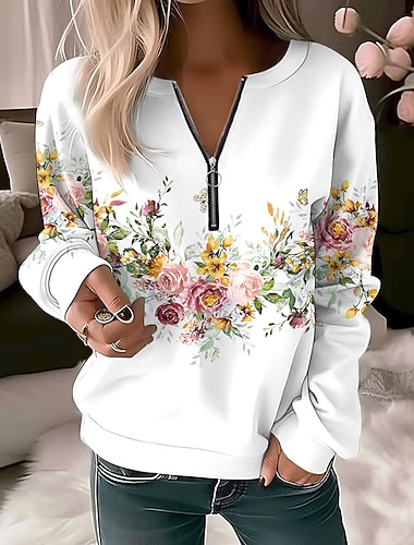  Sudadera de Mujer con Cremallera Floral Mariposa Casual Deportiva Media Cremallera Denim Azul Blanco Azul Marino Elegante Vintage Moda Media Cremallera Manga Larga Cómoda Transpirable Tejido Suave