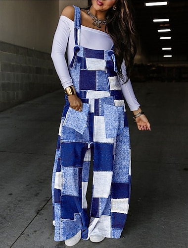  Women's Overall Print Solid Color Square Neck Casual Street Wide Leg Regular Fit Strap Black White Blue S M L Fall