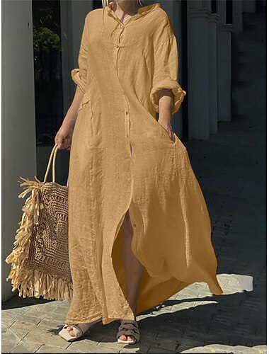  Damen Schwarz Weiß Gelb Sommer Frühling Herbst Maxikleid Weißes Kleid Baumwoll-Leinen-Kleider Hemdblusenkleid Klassisch Lässig Urlaub Täglich Lässiger Schnitt Einfach Hemdkragen