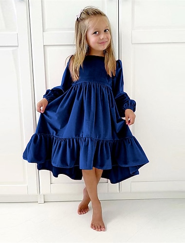  Bambino Da ragazza Vestito Tinta unica Manica lunga Formale Regali di Natale Feste Con balze Elegante Festività Di tendenza Poliestere Al ginocchio Abito di velluto Vestito da festa Vestito svasato