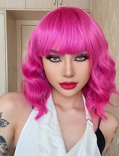  peruca rosa quente com franja curto bob ondulado peruca encaracolada na altura dos ombros perucas rosa quente para mulheres cabelo sintético peruca colorida para fantasia de halloween cosplay 14