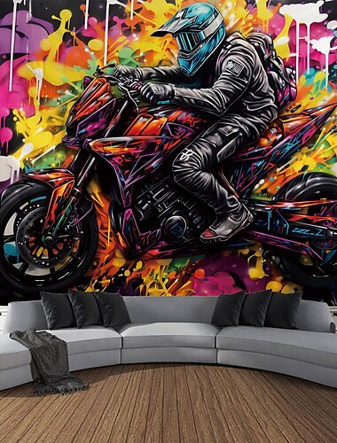  جرافيتي دراجة نارية معلقة نسيج جدار الفن نسيج كبير جدارية ديكور صورة خلفية بطانية الستار غرفة نوم المنزل غرفة المعيشة الديكور