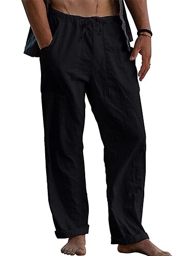  Voor heren Linnen broek Broek Zomerbroek Trekkoord Elastische taille Recht been Effen Comfort Dagelijks Uitgaan Modieus Streetwear Zwart Wit