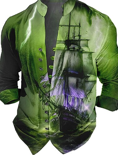  Voor heren Watersport Wijnoogst Zeilboot Overhemd Overhemd met knopen Lange mouw Modieus Streetwear Ontwerper Buiten Casual Dagelijks Zomer Lente Herfst Opstaand Afdrukken Blauw-Groen Rood blauw