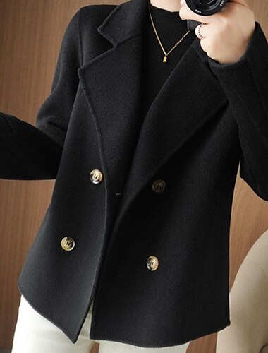  Women's Winter Blazer Coat Fall Double Breasted Lapel Jacket Wool Blend Short Coat with Pockets Warm Black White Camel