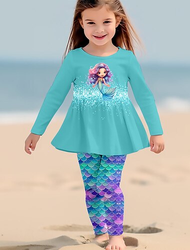  Da ragazza 3D Pop art Cartoni animati Sirena T-shirt e pantaloni Vestiti Completo Manica lunga Stampa 3D Estate Autunno Inverno Attivo Di tendenza Giornaliero Poliestere Bambino 3-12 anni Esterno